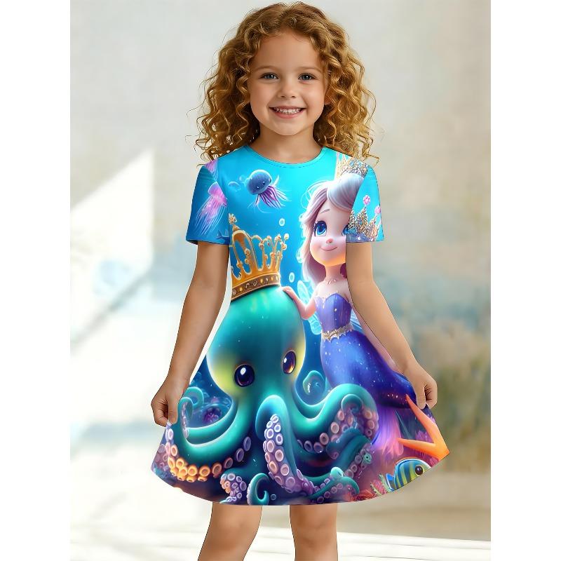 Meisjes Zeemeermin en Octopus Bedrukte T-shirt Jurk, Onderwater Wereld Kinderfeest Casual Jurk Geschikt voor Verjaardagscadeaus