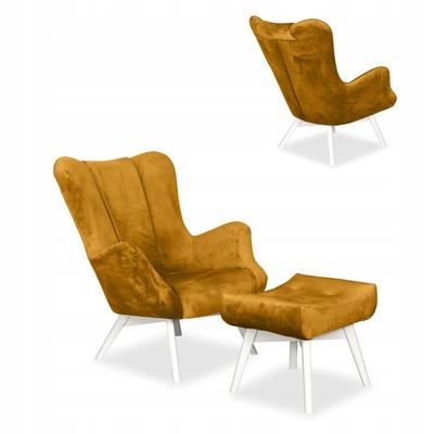 Scandinavian Armchair Vika with Footrest, Pouffe, Profiled,, Gold