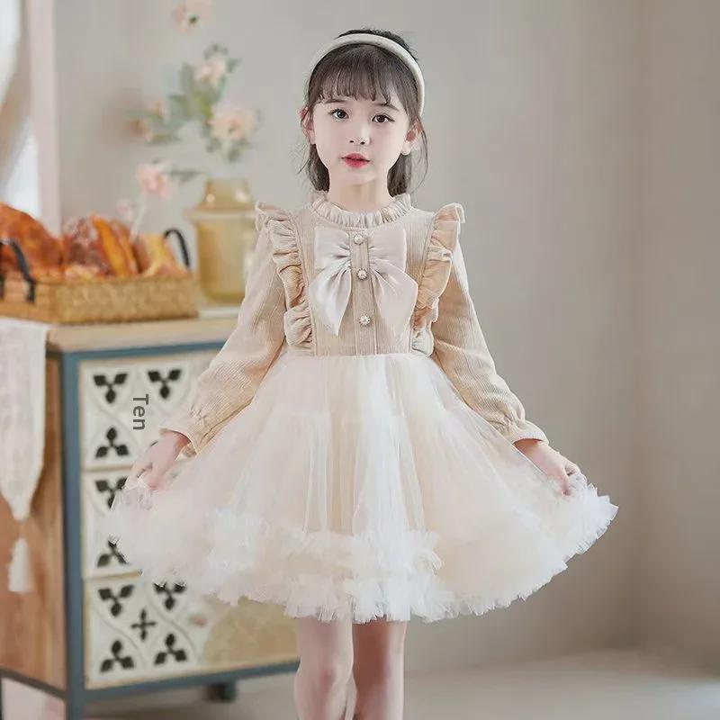 2024 Autumn/Winter Girls’ Long-Sleeved Bow Dress - Trendy, Sweet First Birthday Cake Design