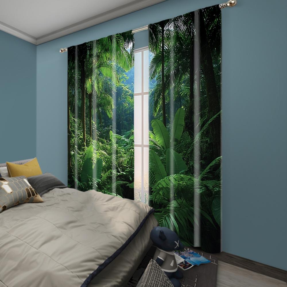 2pc,  Curtains Mystery Rainforest Jungle Forest Trees Nature Scenery 100% Polyester,Without Electricity Birthday Party Perfect