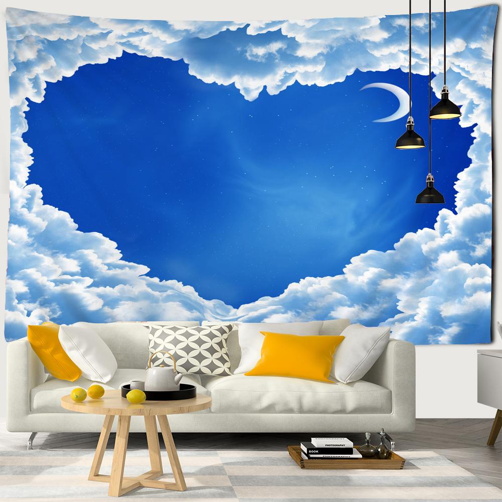 Landscape Tapestry Wall Hanging Sunny Scenery Blue Sky Love Heart Cloud Pigeon Beach Wall Tapestry Backdrop Wall Cloth Tapestry