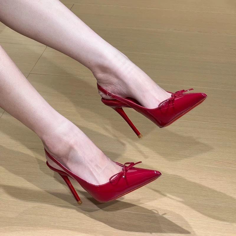 Black high heels women's new pointed head bow thin heel light mouth single shoes sexy bag head sandals women