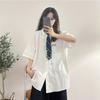 Solid Color Shirt Tie Chain Design Women's Short Sleeved Blouse Summer Preppy Style Loose Blusas Couple Dress
