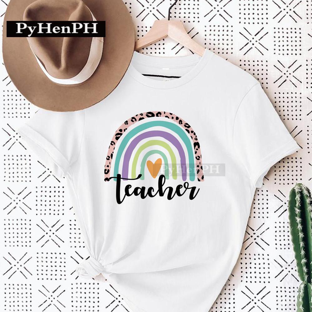 Womens Fashion Rainbow Teacher Graphic TShirt Loose Fit Casual round Neck Aesthetic Top Ins Style Modal fabric