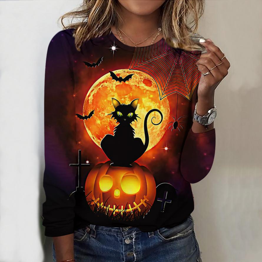 2025 Autumn & Winter Women's New Casual Crew Neck Long Sleeve Top 3D Halloween Pattern Ideal Halloween Christmas Gift