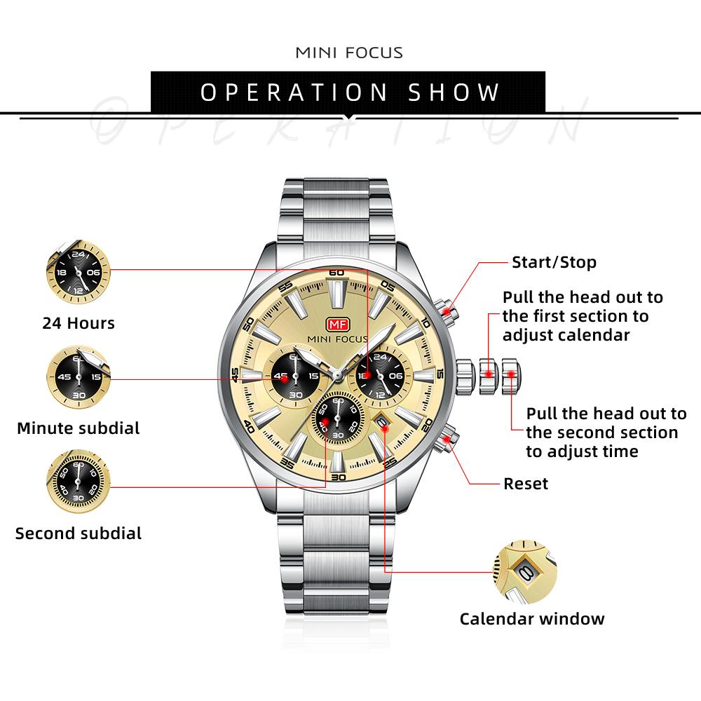 Men Multifunction Quartz Watch Stainless Steel Band Luminous Waterproof Business Casual Wristwatch 0634G