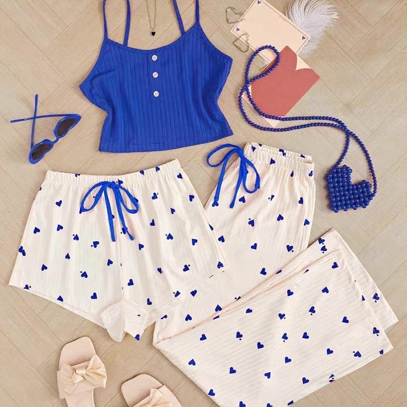 Damen Pfirsich Herz Süßes Sommer Dreiteiliges Pyjama-Set - Kindliches Spaghettiträger Sexy Loungewear