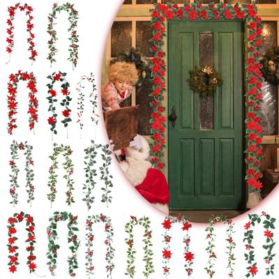 Christmas Red Berry Garland, Flexible Artificial Red Berry Garland, Poinsettia Christmas Decorations For Indoor Outdoor Home Decor