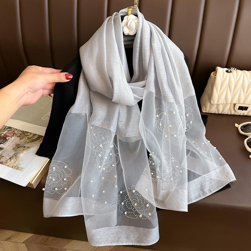 Elegant Organza Silk Scarf With Beads Solid Color 190*70Cm Long Scarves Embroidery Flowers Pearl Solid Shawls For Women Hijab