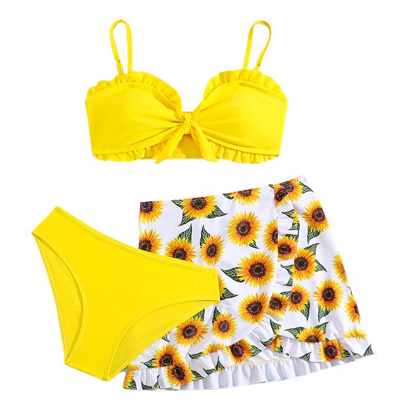 

2025 Новый европейский и американский раздельный купальник Sunflower: Милый комплект из трех предметов для девочек для детей среднего и большого возраста Size 150