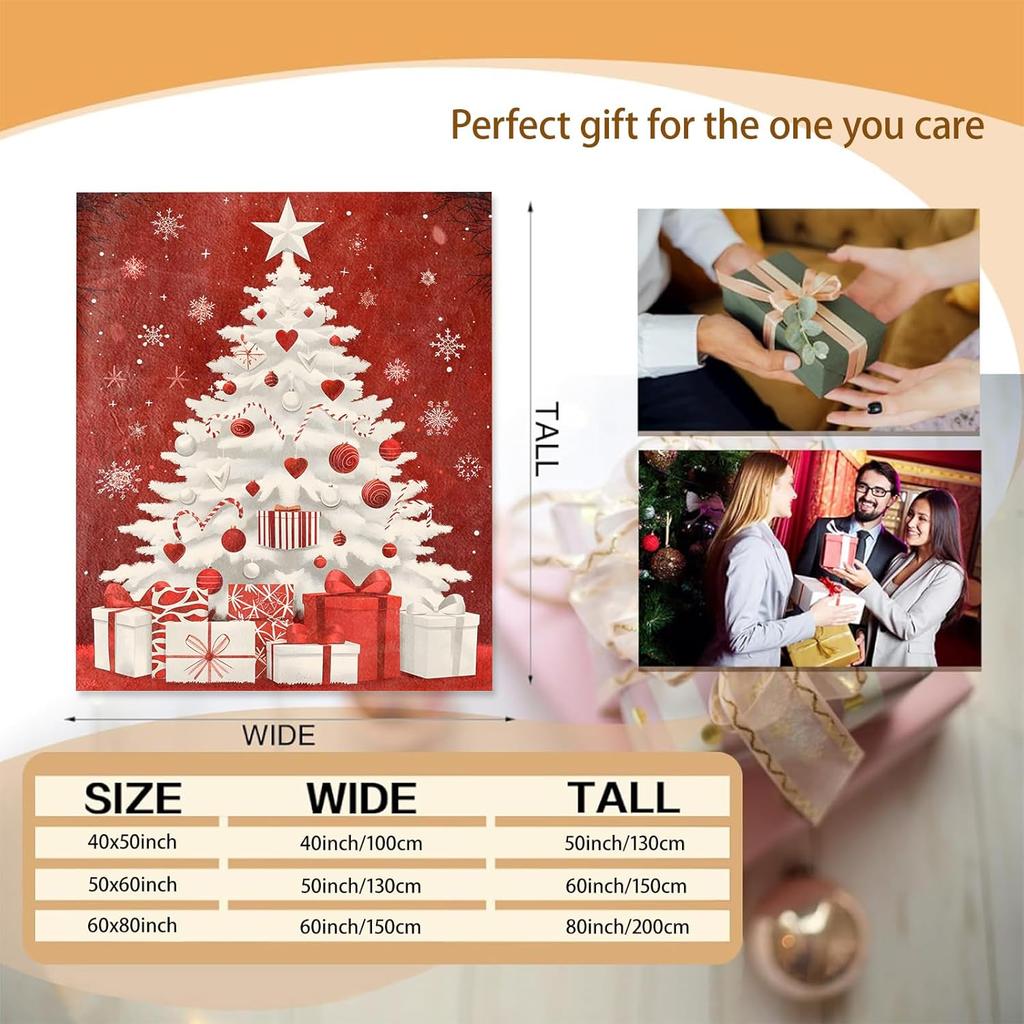 Christmas Tree Blanket Gifts for Women Adults Girls Kids, White Decorated Tree with Red Presents Flannel Blankets for Bedroom