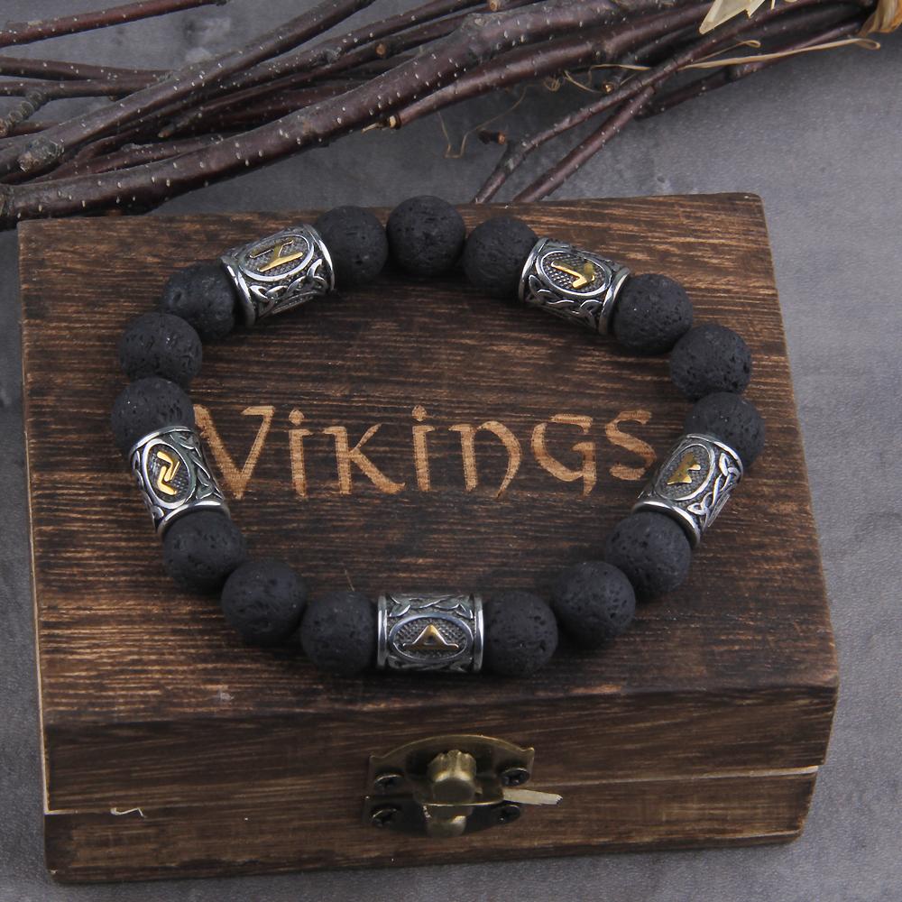 Volcano Lava Stone Beads Stainless Steel Runes Beads Men Bracelet Viking Rune Bracelet with Wooden Box