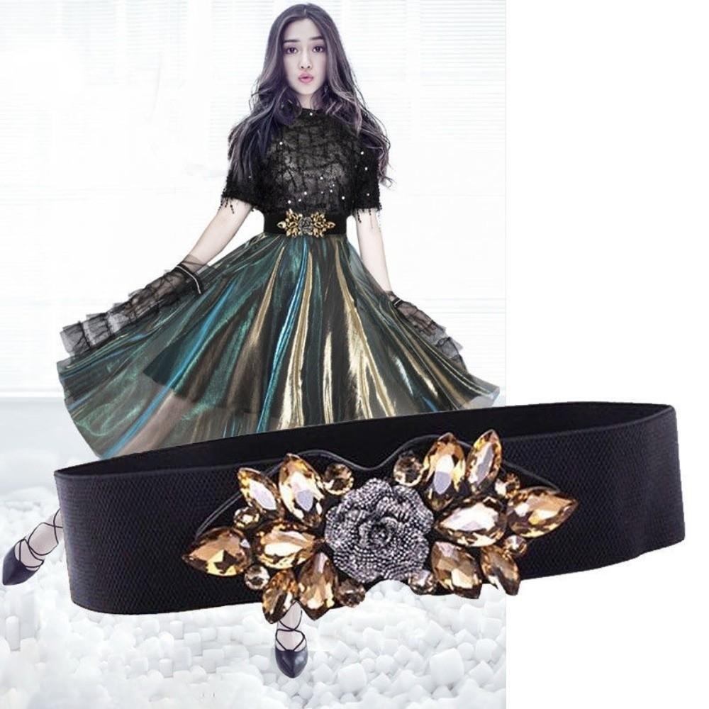 Wide Elastic Cummerbunds Rose Flower Rhinestone Waist Belt Personality Women Waistband  Sweater