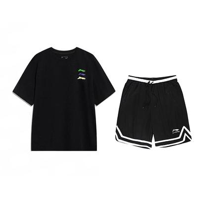 Li Ning Logo Print Round Neck Short Sleeve T-Shirt Competition Striped Comfortable Shorts Casual Sports Suit Unisex Sports Suit YHSV373-2+YAPV001-1