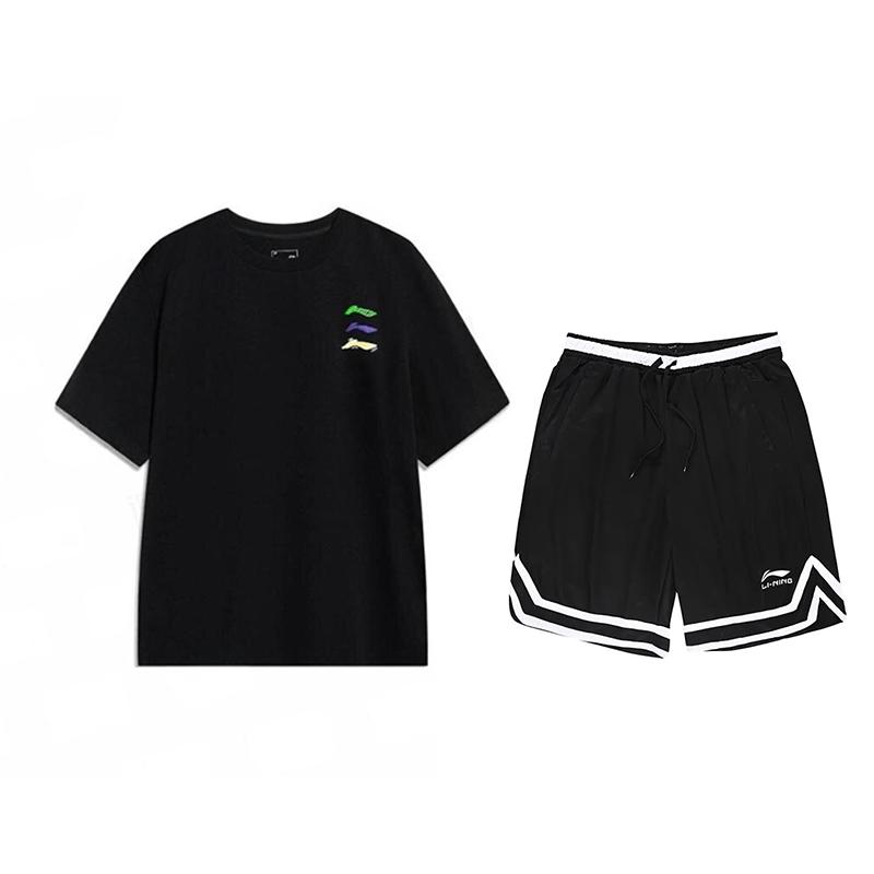 

Футболка с круглым вырезом и короткими рукавами с принтом логотипа Li Ning, соревновательные полосатые удобные шорты, повседневный спортивный костюм, спортивный костюм унисекс YHSV373-2+YAPV001-1 M