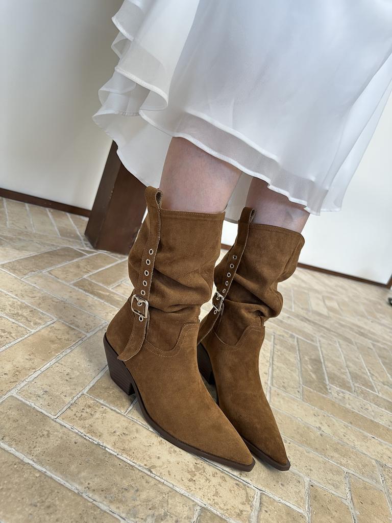 Retro style heightened and thin pleated stacking boots brown Maillard medium boots women's thick heel western cowboy boots short boots