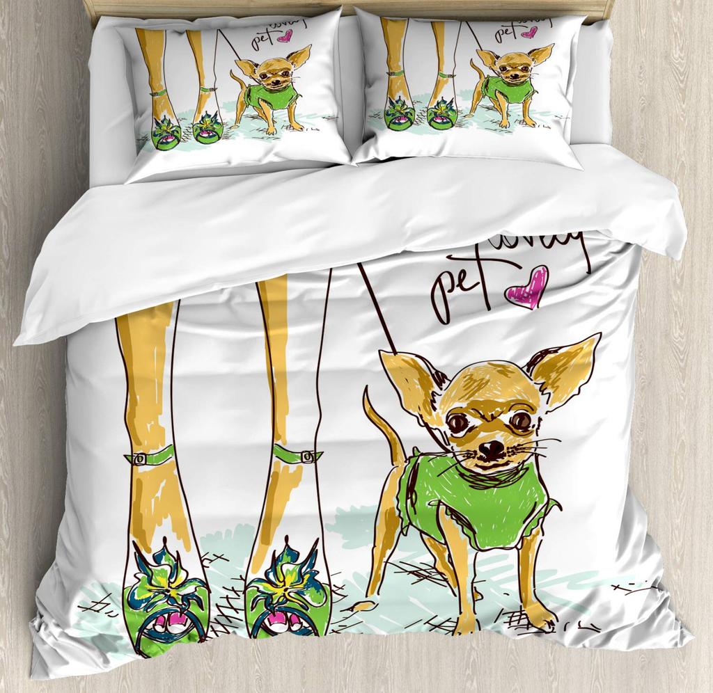 Niedliches Chihuahua Hund Bettbezug SetMädchen Chihuahua Mode Brille Schleifen WelpenBettwäsche Sets Einzelbett Einzelbett KingsizeBlassrosa