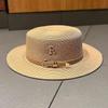 Straw Hat, Summer Vacation, Beach Hat, Rhinestone Letter R Belt, British Vintage Flat Top Sun Hat