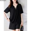 MODIQUE Spring Summer Plus Size New Women Loose Solid Blouse Shirts Female Casual Hollow Out Black Oversize Short Sleeve V-Neck Top