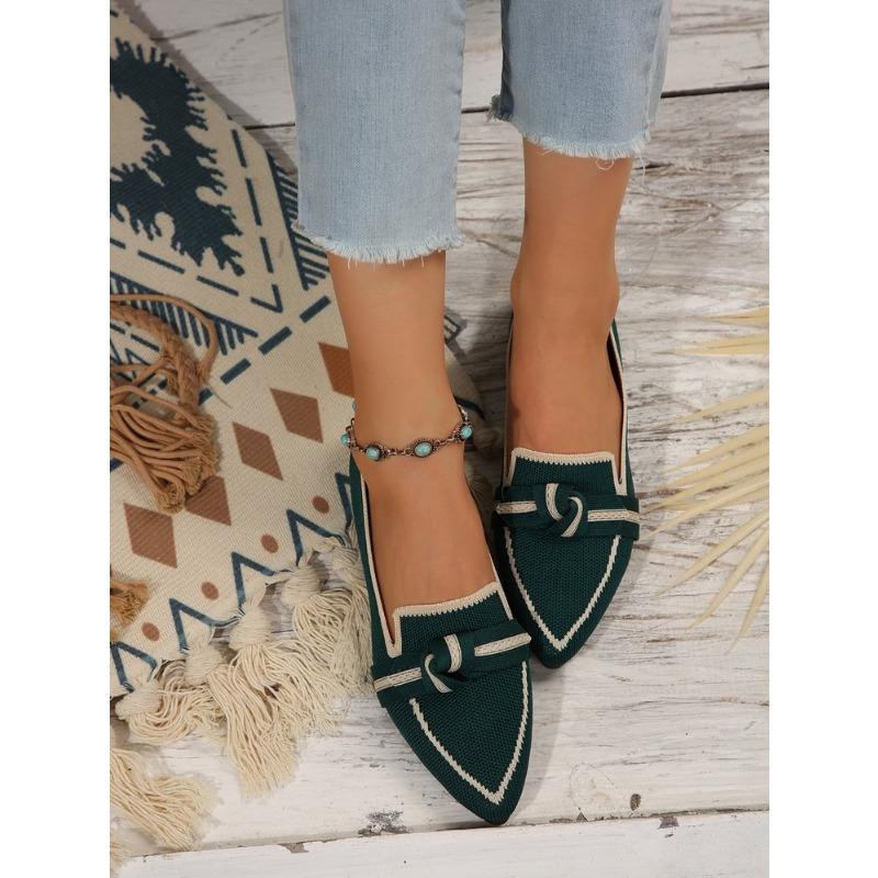 Skinny pointed large size flat single shoes women, fashionable flying weaving one pedal bow casual breathable color matching single