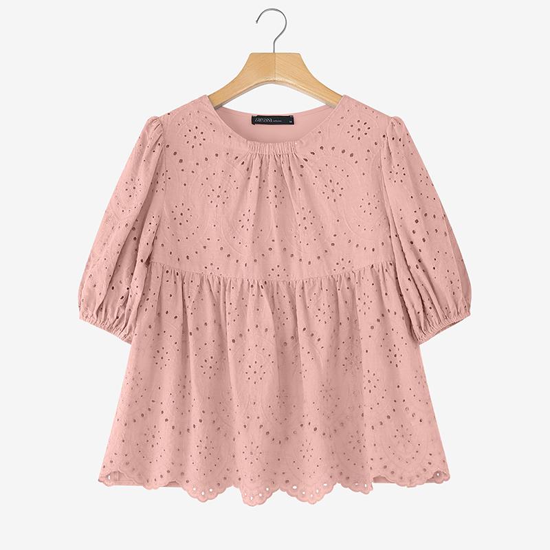 

ZANZEA Женская летняя блузка с круглым вырезом, короткими рукавами, пэчворком и крючком 3XL розовый