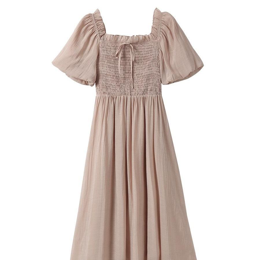2026 summer new French sweet square neck bubble sleeve dress for women, small waist and thin fairy dress