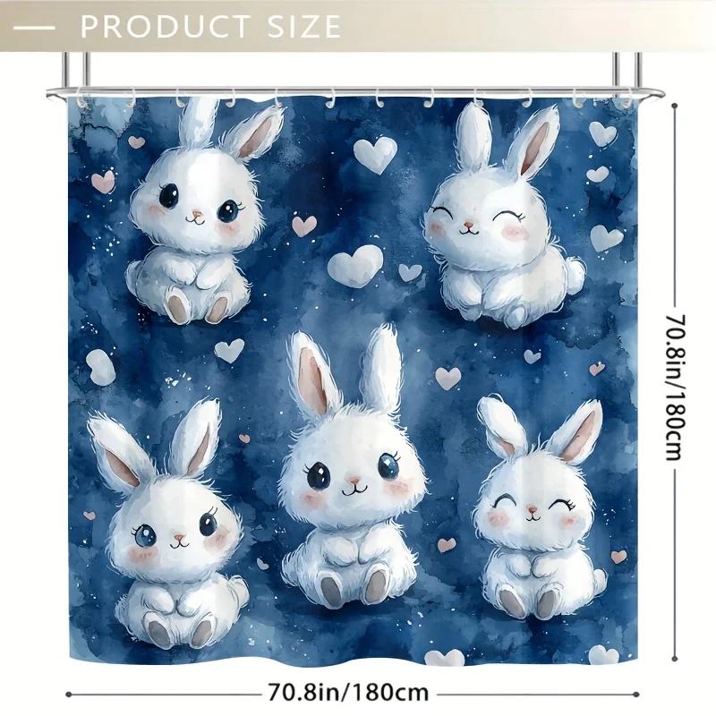~O~1pc Kawaii Chibi Animals Shower Curtain - White Fluffy Creatures, Blue Background, Hearts & Stars, 71x71 Inch,Polyester,12 Ho
