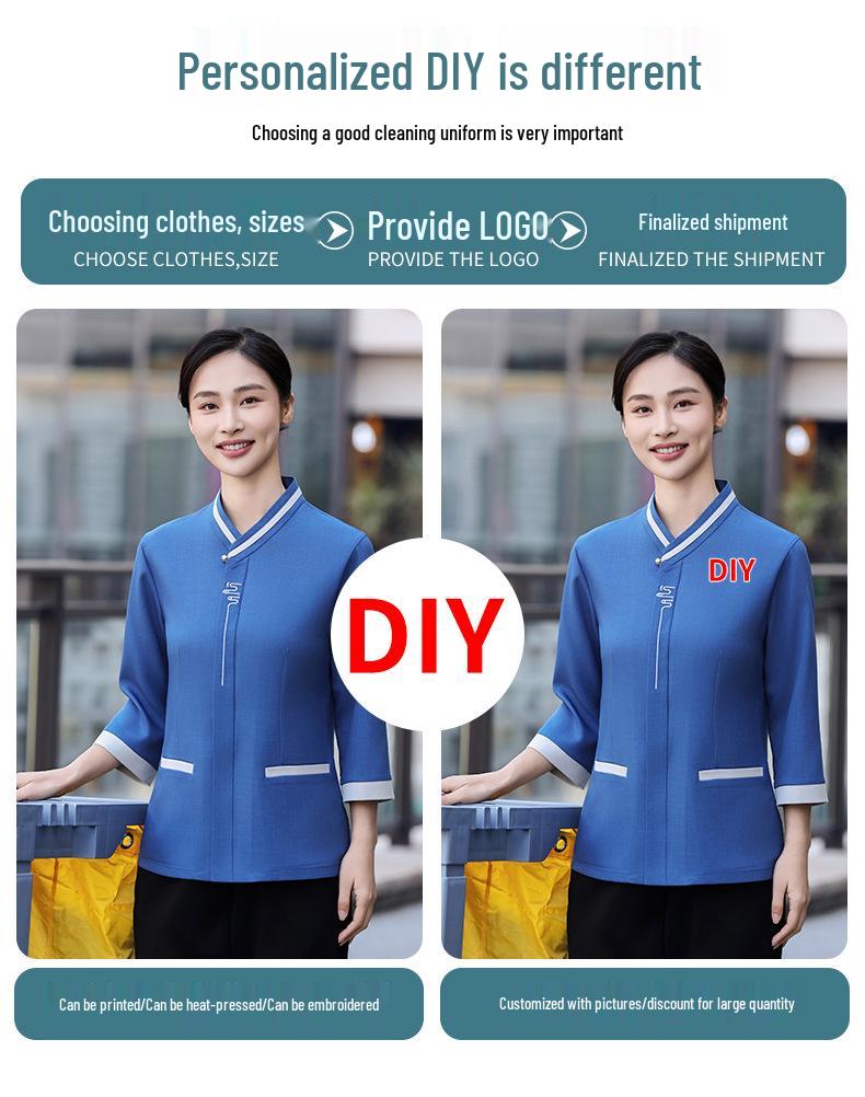 Women's Three-Quarter Sleeve Hotel Attendant Uniform with Print Embroidery