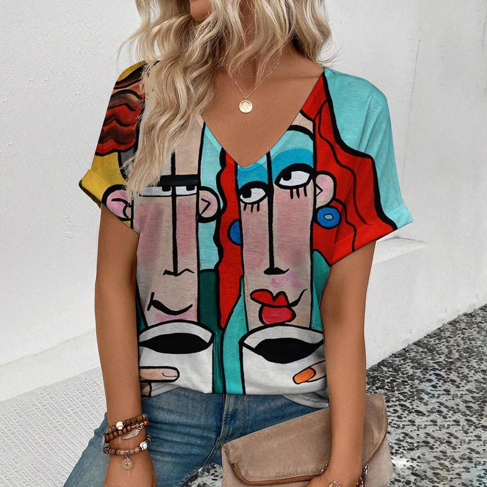 Women's Short Sleeve V-neck T-Shirt Fashion Abstract Face Print T-Shirt Summer Casual Elegant Top Women's Clothing T-Shirt