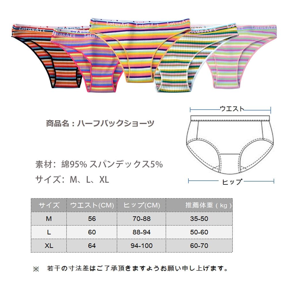 BEKYNI Ribbed Blend Colorful Sporty Brazilian Striped 5 Colors Women's Half-Back Cotton/Cotton Panties, Panties, (Size M)