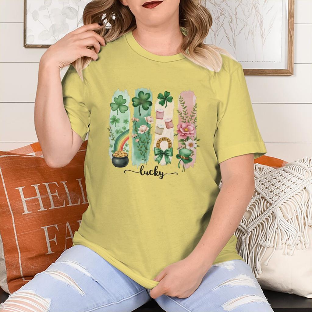 Vintage St. Patrick's Day T-Shirt Women Lucky Four Clover & Floral Short Sleeve Tee Girl Lucky Clover Festival Casual Tops