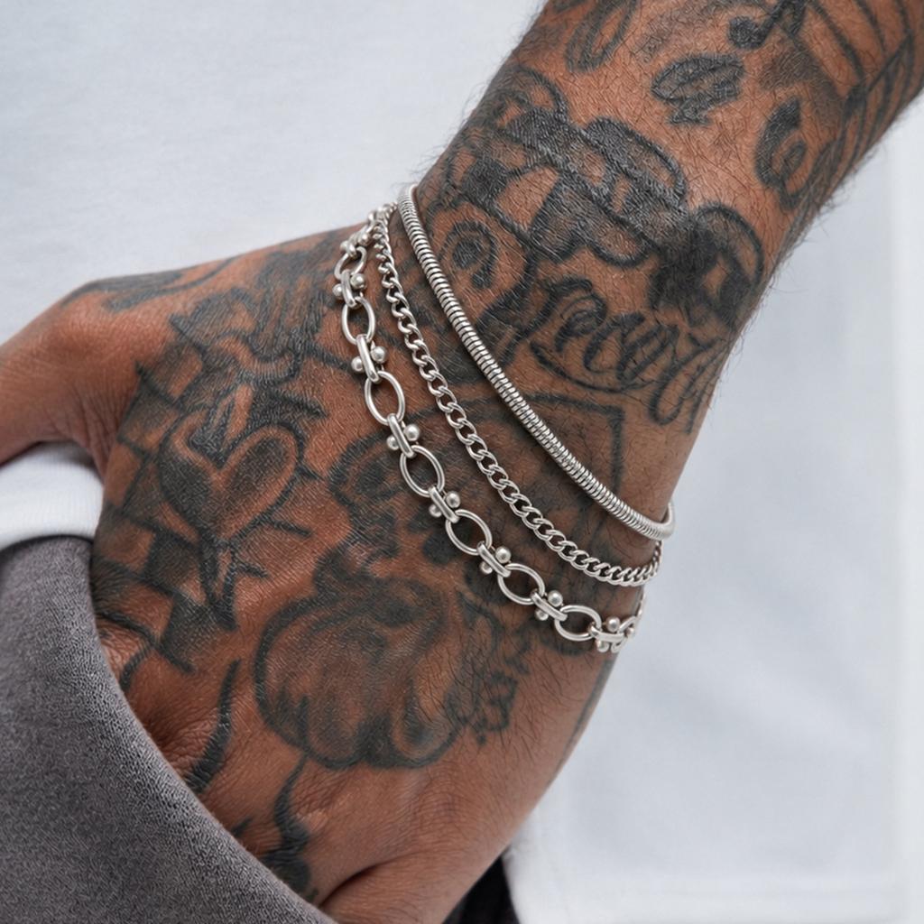 European and American stainless steel three-style thin bracelet set Twisted chain oval men's minimalist cool style layered bracelet