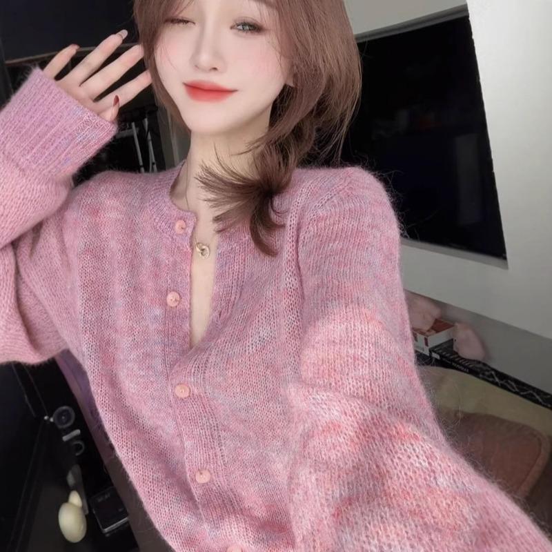 Sweet temperament round neck single-breasted knitted cardigan spring long-sleeved chic unique pink purple sweater jacket