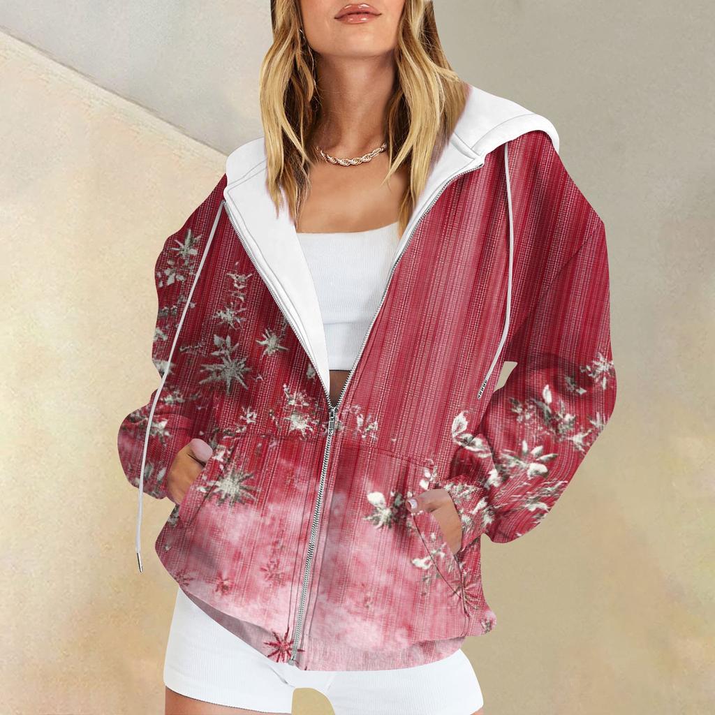 Women's Casual Fashion Printed Long Sleeve Pullover Hoodies Zipper Sweatshirts Coat