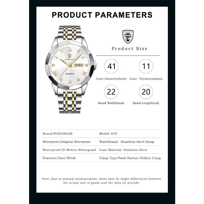 POEDAGAR Orologio da uomo di lusso originale impermeabile luminoso con data settimana acciaio inossidabile quarzo moda