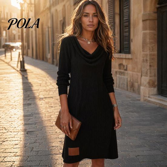 Wygodna codzienna sukienka dzianinowa z dekoltem typu cowl dla kobiet, z długim rękawem, prążkowana, elegancka, prosta, mini sukienka-sweter, na co dzień, jesienne, wiosenne stylizacje, do noszenia na imprezy, kobiety