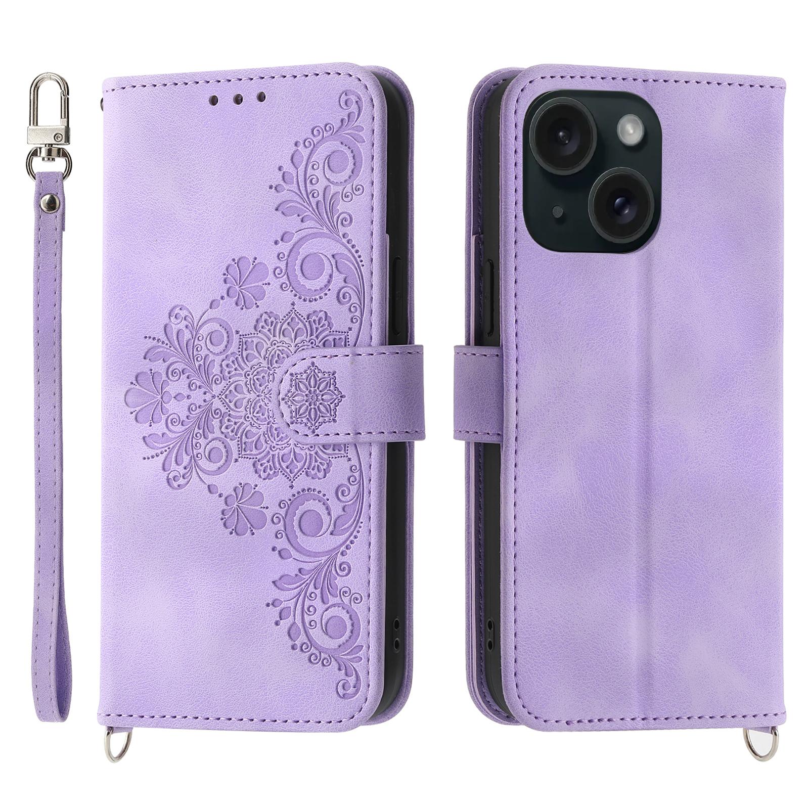

For iPhone 15 PU Leather Wallet Case Imprinted Flower Stand Phone Cover with Wrist Strap+Shoulder Strap Light Purple