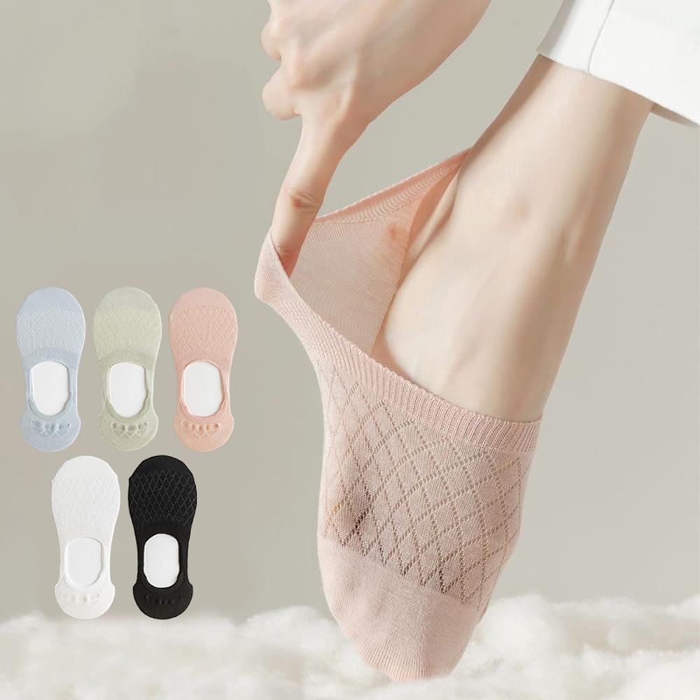 5 Pairs Women Invisible Socks Breathable Cotton Y2K Kawaii No-Show Socks Mesh For Office & Casual Cute White Anti-Slip Socks