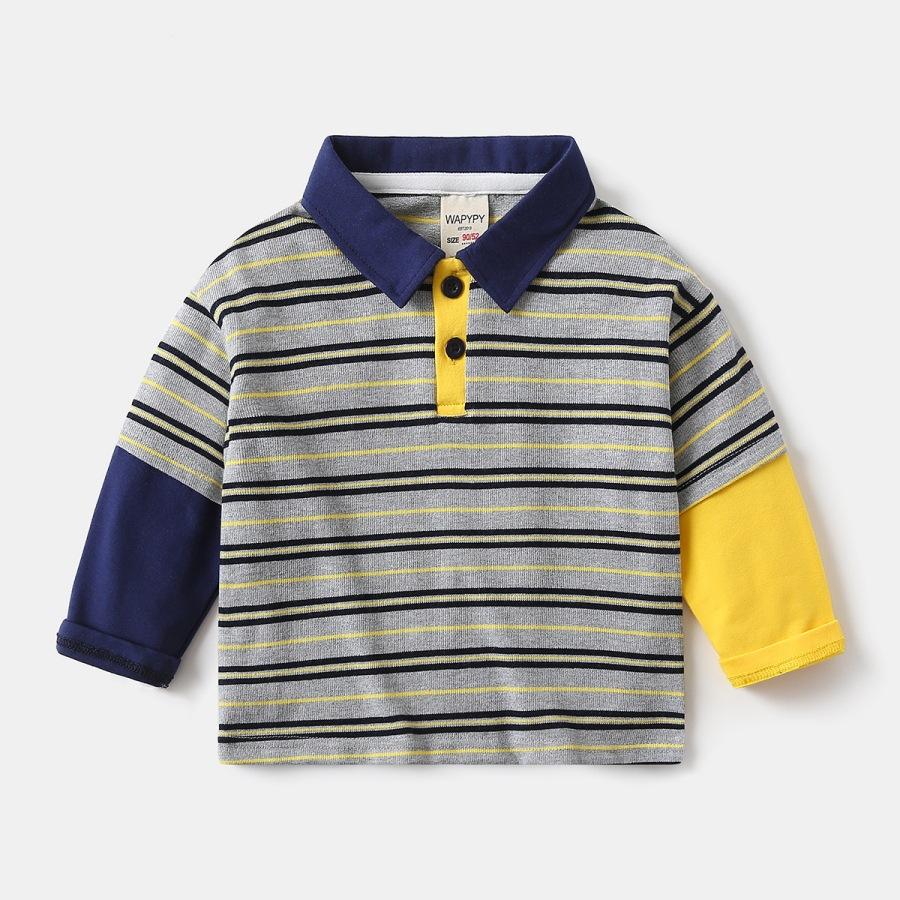 Boys Color Block Turn Down Collar Striped Long Sleeve Casual Kids Polo Shirt