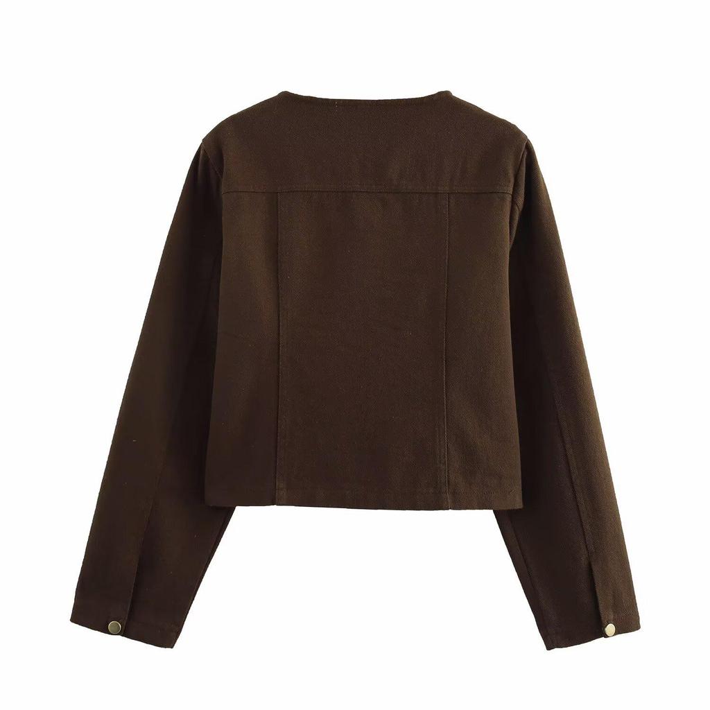 2025 Spring Women's European & American Style Brown Crew Neck Jacket and High Waist Pants Set