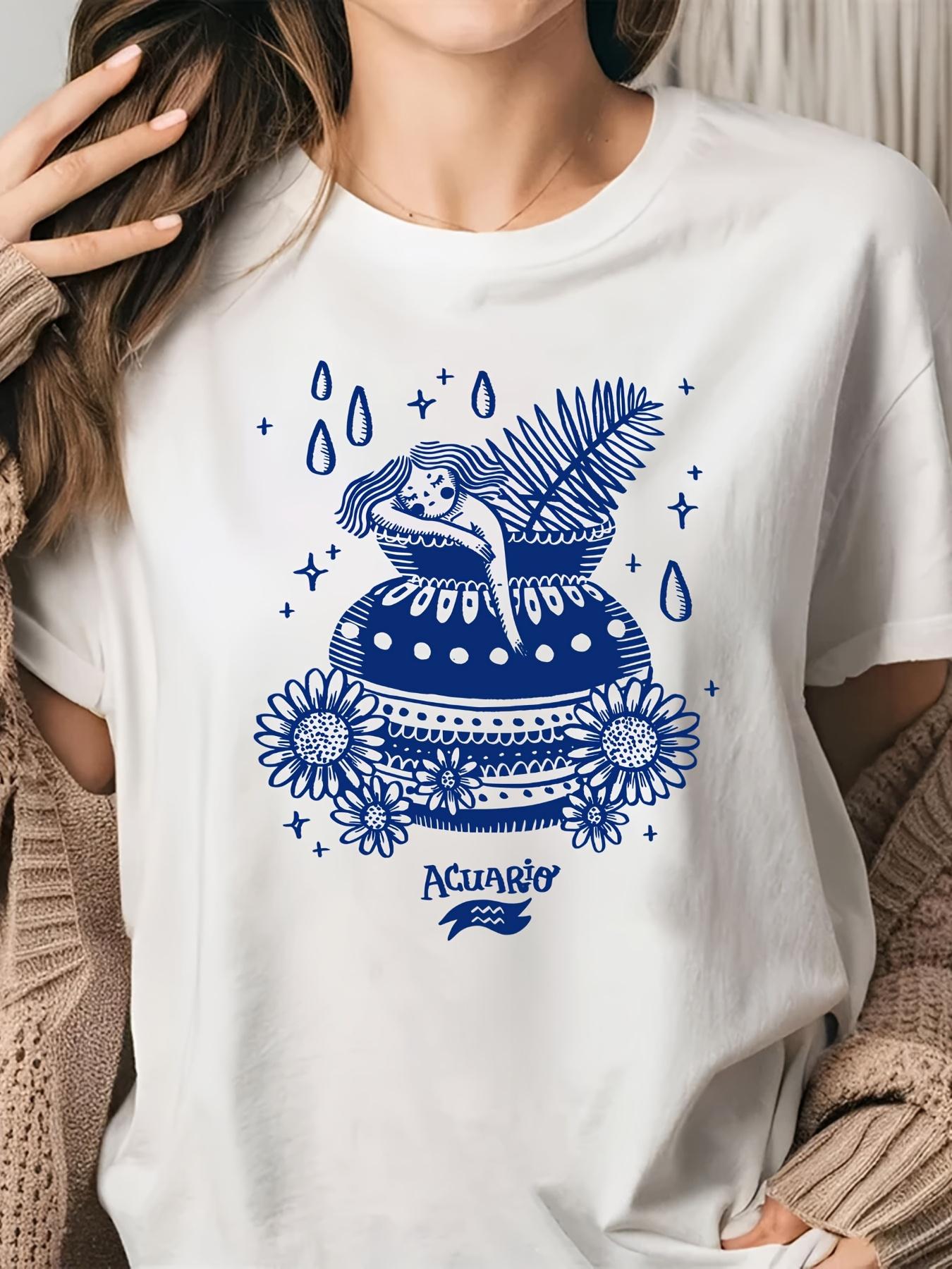 

Aquarius Zodiac Art T-Shirt, Zodiac CollectionMonogram Printed T-Shirt, Short Sleeve Crew Neck Casual Tops for Summer and Spring, Women s 4XL