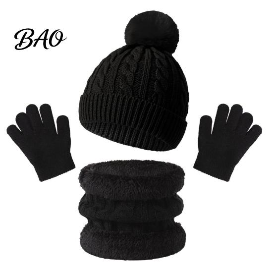 Outdoor Skiing Cold Protection Set Kids Winter Warm Knit Set, Bear Ear Hat, Fleece Lined Neck Gaiter & School Wear for Little Full Finger Gloves,