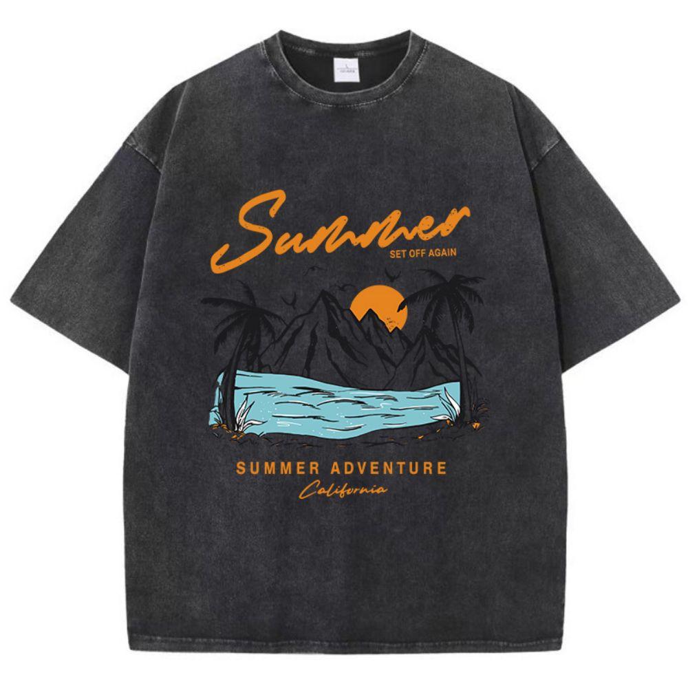 Fashion Women'S Cotton Washed T-Shirts Summer Adventure Sunset Printing Tops Oversize O-Neck Soft Short Sleeve Female Clothes