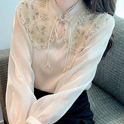 Nuevo Top Cheongsam de Gasa Bordado de Manga Larga con Cuello Alto para Otoño 2025