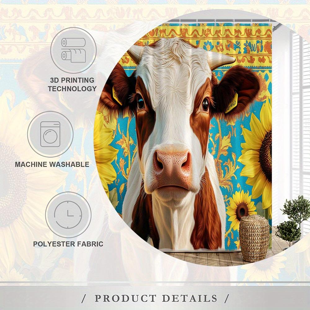 Charming Cow & Sunflower Shower Curtain - Waterproof, Mildew-Resistant With Rustic Farmhouse Design For Quirky And Fun Decor