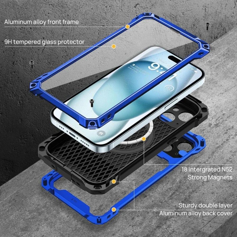 For IPhone Air 17 16 15 Plus 14 Pro Max Heavy Aluminum Metal Magnetic Case Camera Stand Screen Protector Shockproof Rugged Cover