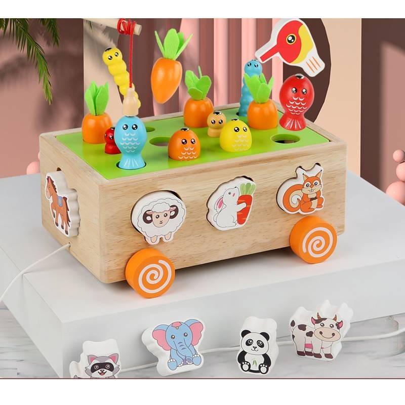 Colorful Educational Wooden Farm Fishing Shape Matching Car Toys For Kids