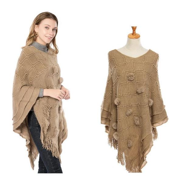 Causal Fashion Women Knitted Batwing Cape Tassels Poncho Cloak Ladies Fur Ball Sweater Outwear