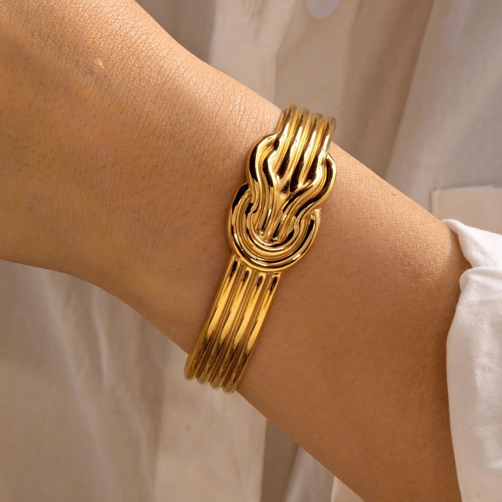 Stainless Steel Double Line Leaf Multilayer Knot Twisted Cuff Bracelets For Women Men Punk Geometric Feather Open Bangle Jewelry
