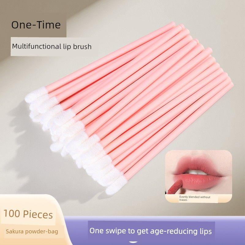 Disposable Lip Brush Stick, Flocked Lipstick Brush, Multifunctional Portable Makeup Artist s Special Lip Balm and Lip Gloss Cotton Swab Cleaning Stick Man-made fiber Sakura Powder-100 Pieces in Bag